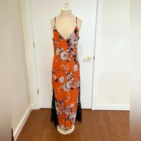 ABS Allen Schwartz Orange Floral Printed Slip Gown with Contrast Lace. Size 8. - Picture 4 of 13